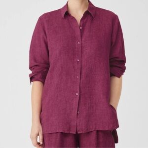 Eileen Fisher Organic Linen Delave Long Sleeve Shirt Size Petite Medium